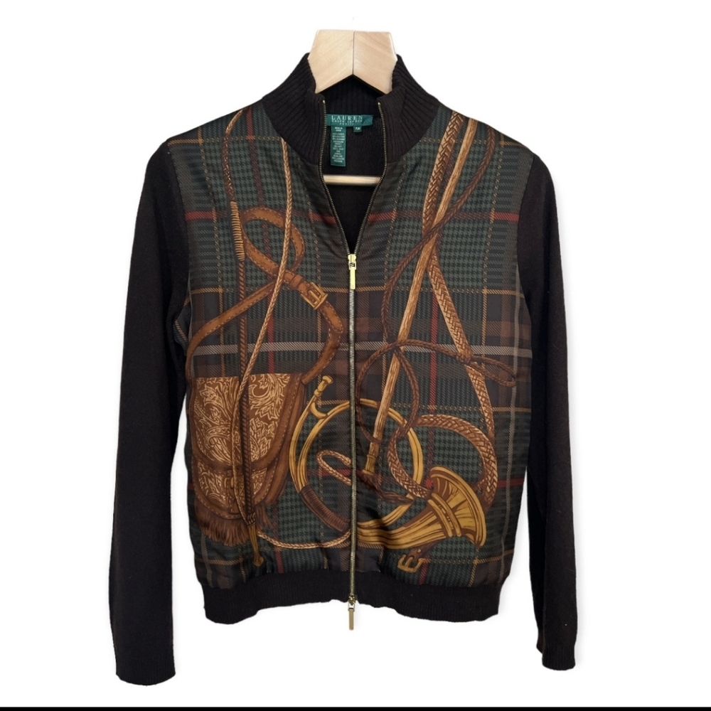 Lauren Ralph Lauren Silk & Cashmere Equestrian Full Zip Sweater, Petite Medium
